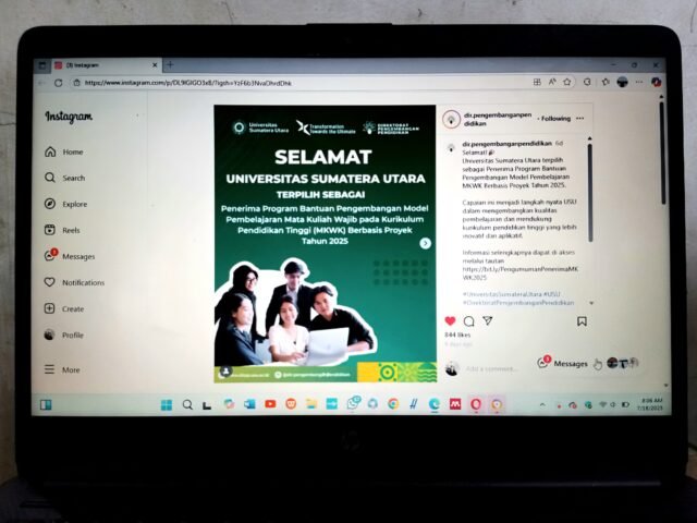 Unggahan flyer pencapaian USU sebagai penerima Program Bantuan Pengembangan Model Pembelajaran MKWK Berbasis Proyek Tahun 2025 di akun @dir.pengembanganpendidikan, Jumat (18/7/2025). | Imelda Sari Manalu