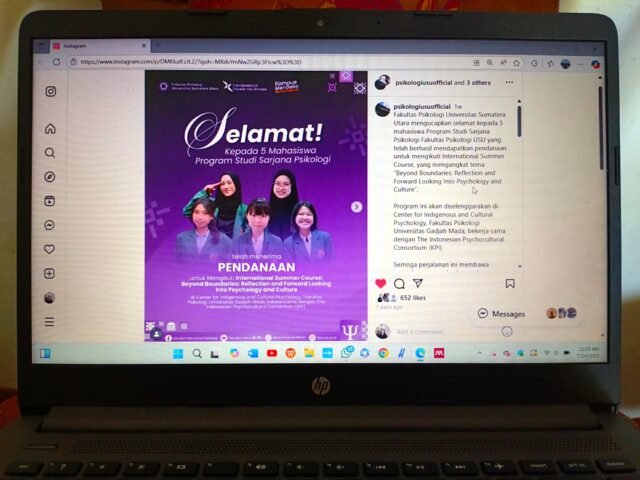 Unggahan flyer ucapan selamat kepada lima mahasiswa FPsi yang menerima pendanaan International Summer Course di akun @psikologiusuofficial, Kamis (24/7/2025). | Imelda Sari Manalu