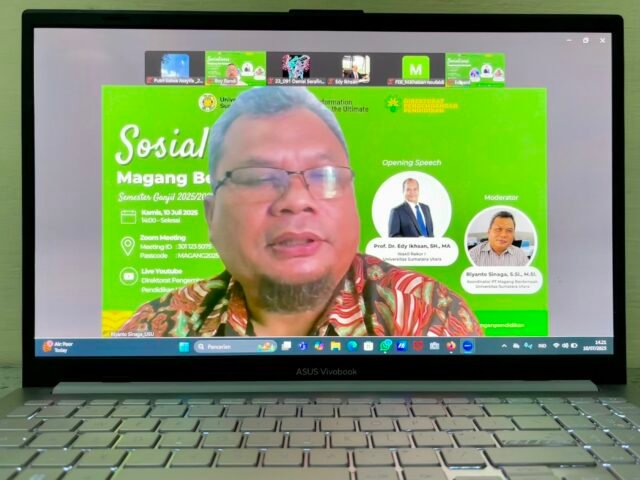 Koordinator PT Magang Berdampak USU, Riyanto Sinaga, saat sosialisasi Magang Berdampak Semester Ganjil 2025/2026, Kamis (10/7/2025). | Putri Salwa Assyifa