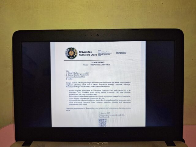 Surat Edaran yang ditandatangani oleh Wakil Rektor I dengan Nomor 19889/UN5.1.R1/PK.01/2025 tentang pemberlakuan kuliah daring sebagai antisipasi aksi demo, Minggu (31/8/2025). | Derista Putri