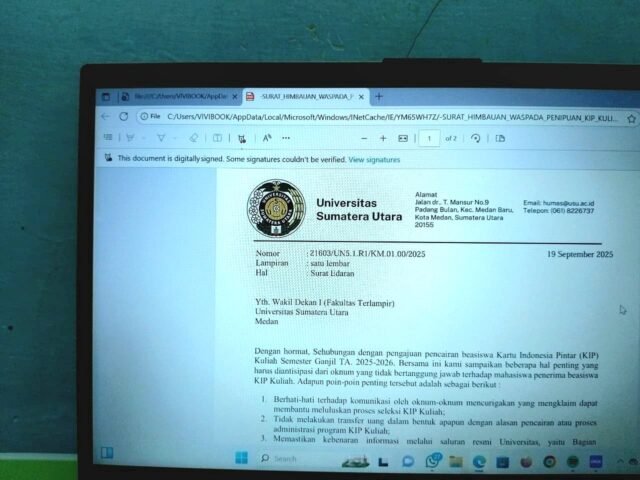 Surat Edaran Nomor 21603/UN5.1.R1/KM.01.00/2025 perihal pencairan beasiswa Kartu Indonesia Pintar (KIP) Kuliah, Minggu (28/9/2025). | Iyusarah Pakpahan 
