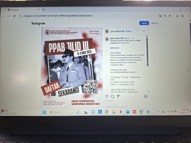 Flyer rekrutmen terbuka PPAB Jilid III oleh GMNI FEB USU 2025 di akun Instagram @gmni_febusu, Kamis (23/10/2025). | Chronika Agnesia Silitonga