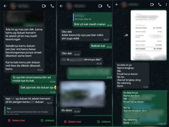 Tangkapan layar percakapan korban dengan oknum rekrutmen affiliate, yang meminta data pribadi dan uang melalui pesan WhatsApp, Jumat (21/11/2025). | Sumber Istimewa