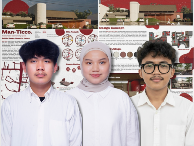 Tim mahasiswa Arsitektur USU dengan desain "Man-Ticco" dalam kompetisi Arfest 5.0 yang diselenggarakan oleh Universitas Kristen Indonesia, Minggu (26/10/2025). | Sumber Pribadi