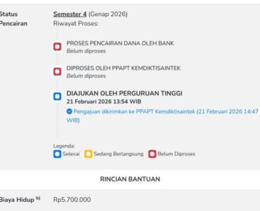 Tampilan status pengajuan pencairan KIP Kuliah semester genap 2026 pada Portal KIP Kuliah, Minggu (22/2/2026). | Hasrina Arum Maulida