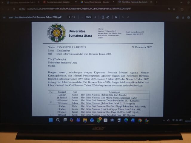 Surat Edaran Rektor Nomor 233436/UN5.1.R/HK/2025 Perihal Hari Libur Nasional dan Cuti Bersama Tahun 2026, Jumat (6/3/2026). | Hasrina Arum Maulida)