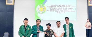 Sesi serah terima jabatan dari DPM Demisioner 2025/2026 Kepada DPM Terpilih 2026/2027 di Gedung Student Center USU, Selasa (26/5/2026). | Putri Salwa Assyifa