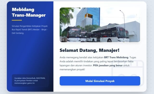 SIMULASI | Tangkapan layar halaman utama permainan Mebidang Trans-Manager untuk simulasi kebijakan proyek BRT