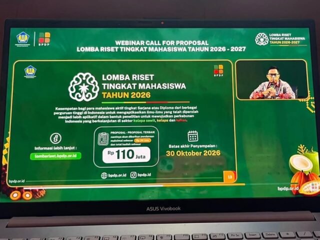 Sesi pemaparan materi dalam Webinar Call for Proposal Lomba Riset Tingkat Mahasiswa Tahun 2026-2027, Rabu (5/8/2026). | Putri Salwa Assyifa