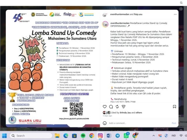 Unggahan flyer lomba stand up comedy mahasiswa USU di akun @fisip.usu, Kamis (29/10/2026). | Jelita Nurul Hidayah
